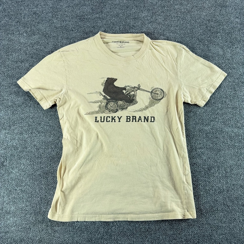 Lucky Brand Mens Bear Motorcycle T-Shirt Tan Beige Small Summer Casual Graphic